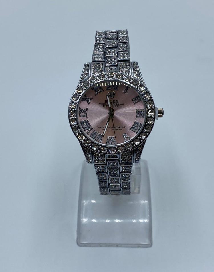 ساعت فول نگین طرح رولکس نقره ای صفحه رنگی  کد01