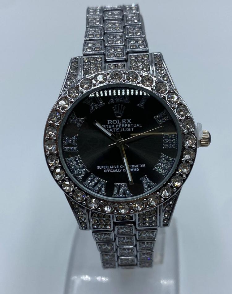 ساعت فول نگین طرح رولکس نقره ای صفحه رنگی کد02