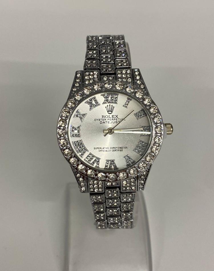 ساعت فول نگین طرح رولکس نقره ای  صفحه رنگی کد03