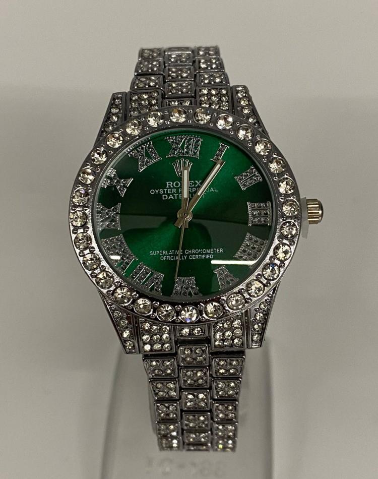 ساعت فول نگین طرح رولکس نقره ای  صفحه رنگی کد04