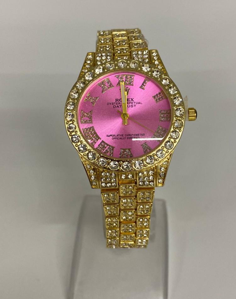 ساعت فول نگین طرح رولکس طلایی  صفحه رنگی کد05