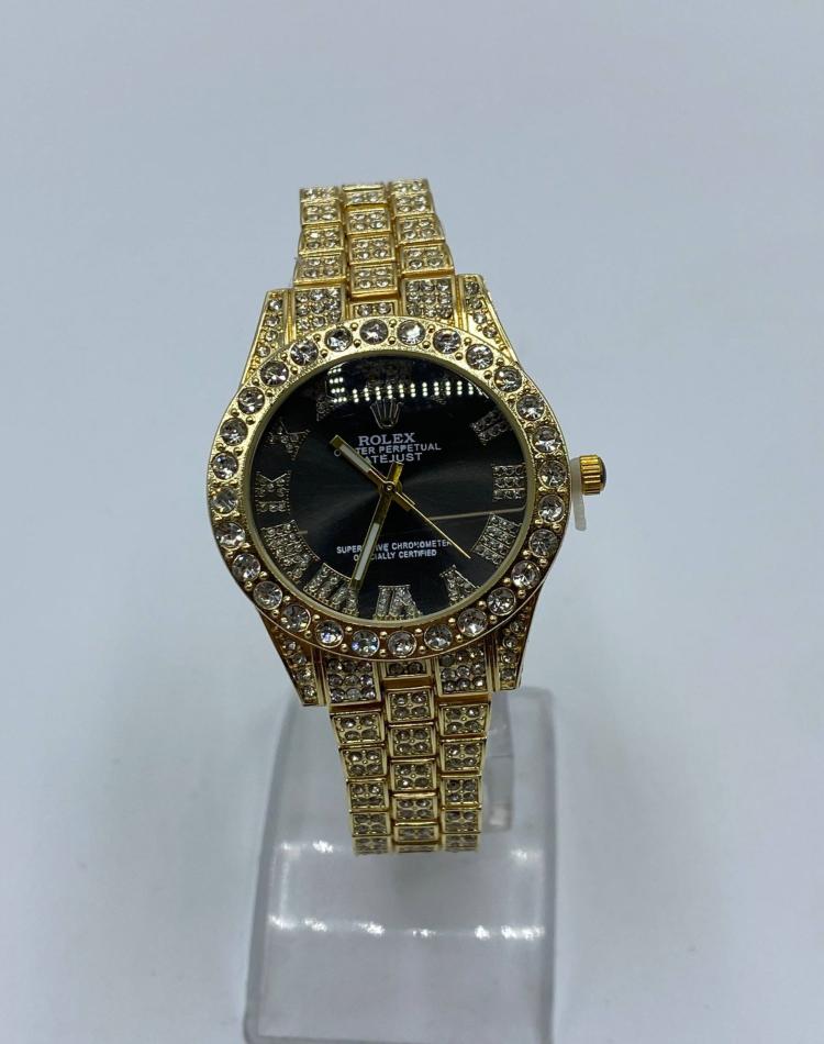 ساعت فول نگین طرح رولکس طلایی  صفحه رنگی کد06