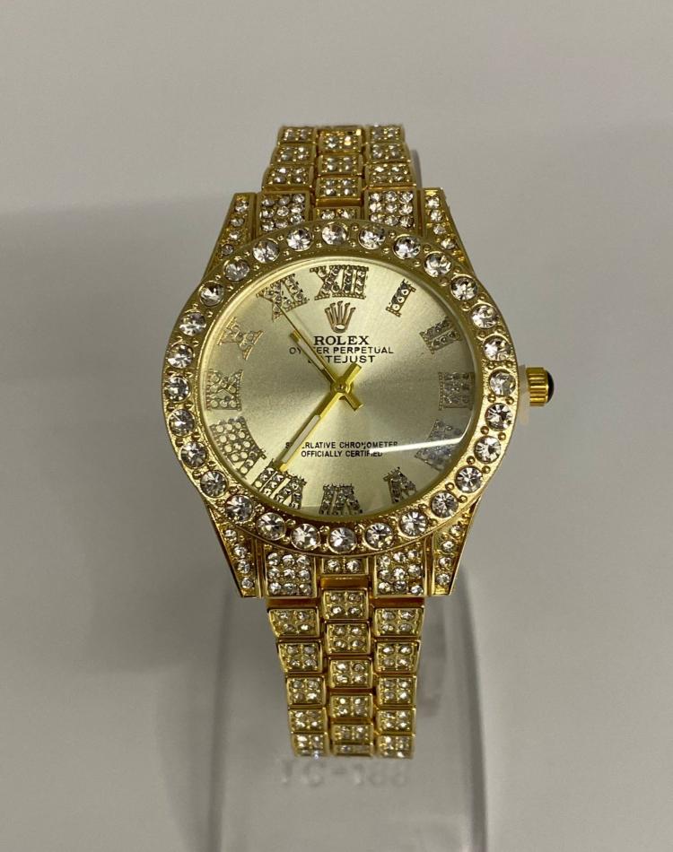 ساعت فول نگین طرح رولکس طلایی  صفحه رنگی کد07