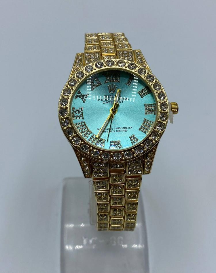 ساعت فول نگین طرح رولکس طلایی  صفحه رنگی کد08